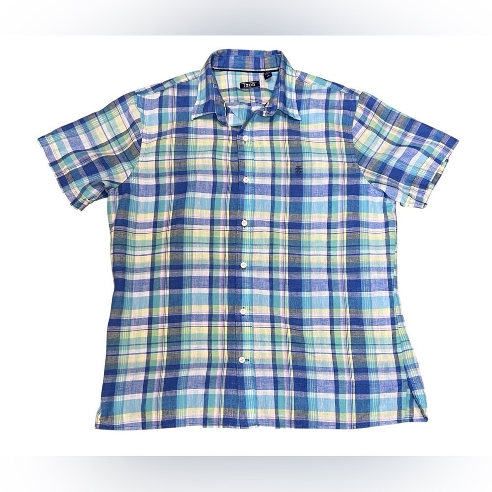 IZOD Men's LG Classic Plaid Button Down Short Sleeve Shirt‎ Casual Linen Blend